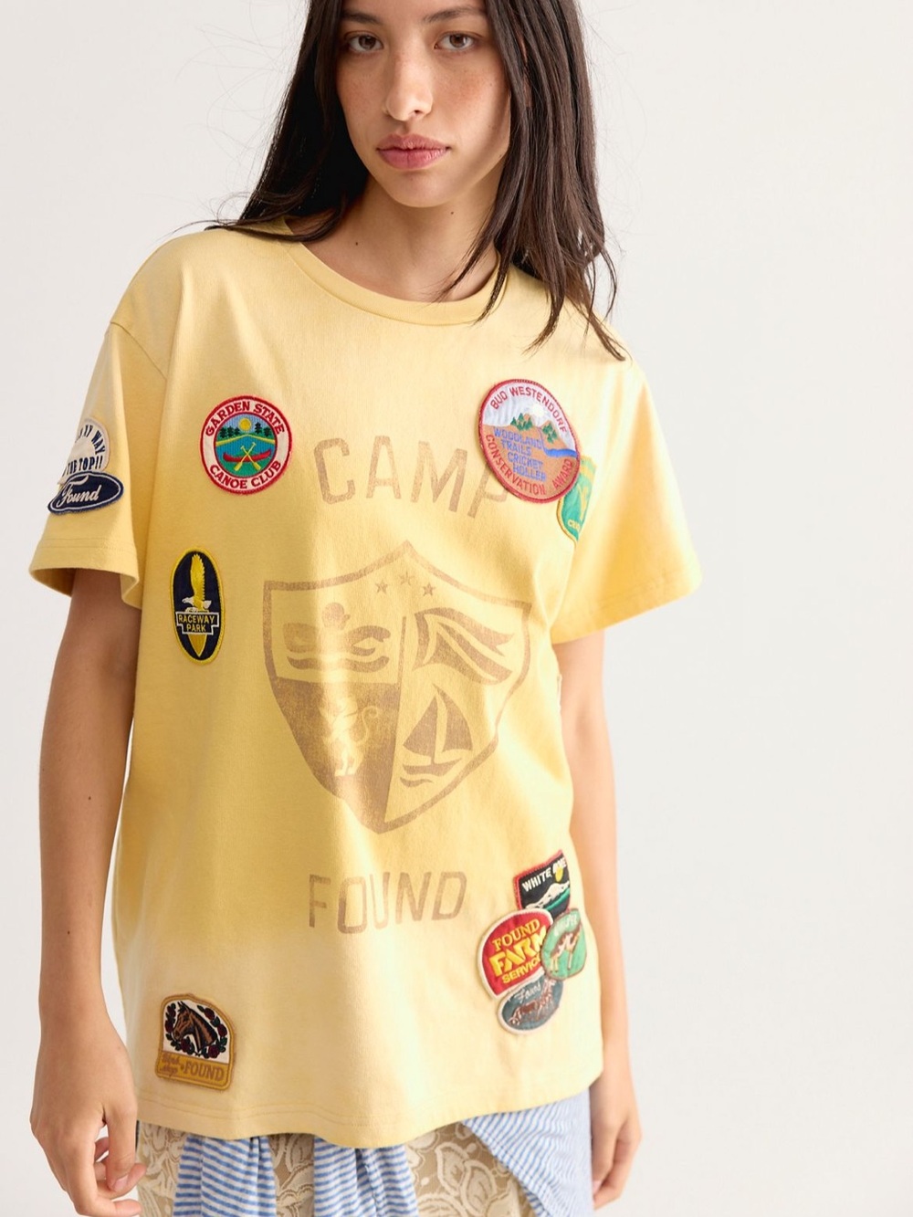 NWT $145 Free People X Found Embroidered Patches Oversized Camp Tee Faded Gold